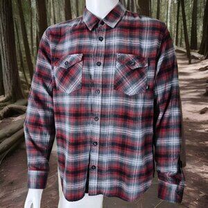 Vans Flannel Shirt Mens Large Red Gray Shadow Plaid Flap Pocket Long Sleeve